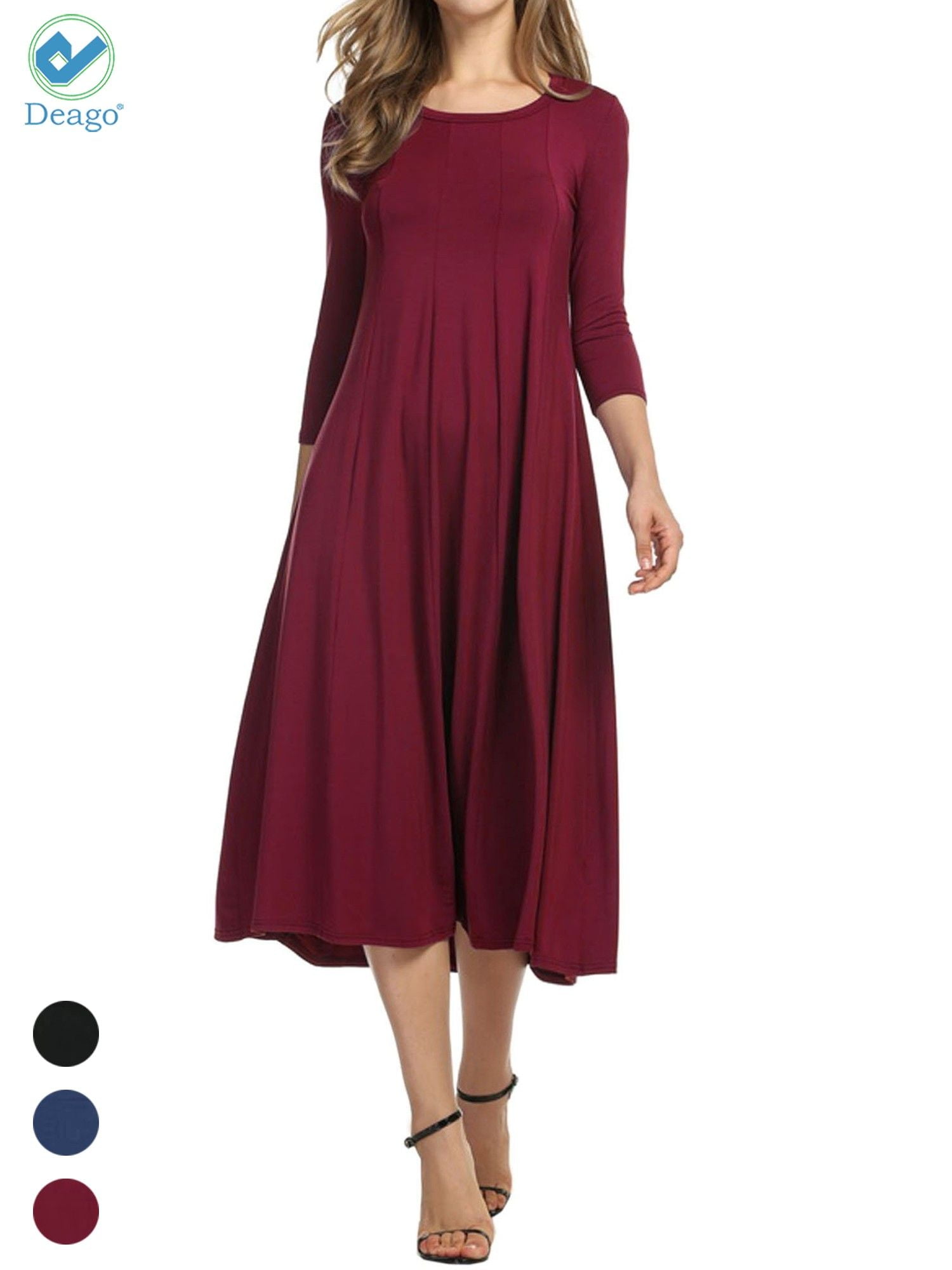 Deago Women's Casual Dresses 3/4 Sleeve Round Neck A-line and Flare Midi  Long Dress For Spring Summer Fall (Red, XL) - Walmart.com